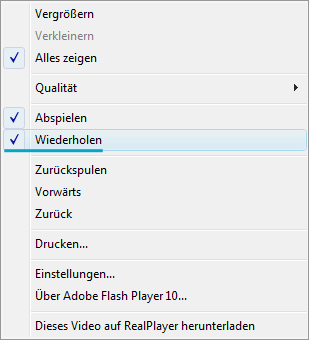 Der Flashfilm kann über Einstellungen im Kontextmenü per Rechtsklick gesteuert werden alt text goes here